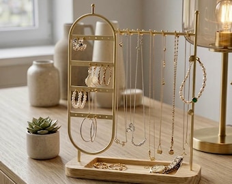 Jewelry Organizer Stand Gold, Necklace Holder Display, Earring Rack with Tray, Minimalist Jewelry Stand, Gift for Women, Vanity Decor