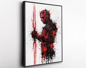 Darth Maul Star Wars Inspired Watercolor Splatter Canvas Wall Art, Sith Warrior Artwork Print, Sci-Fi Decor Gift