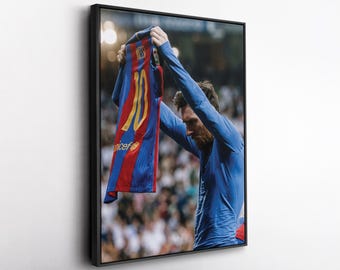 Lionel Messi Barcelona Jersey Celebration Canvas Wall Art Print, Soccer Legend Football Room Decor Gift