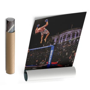May include: A rolled poster featuring a photograph of a mixed martial arts fighter performing a backflip inside a cage. The background shows the White House at night. The cage structure includes blue padding with the text Bud Light and Polymarket.