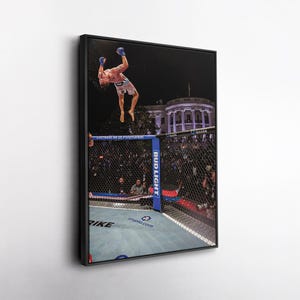 May include: A framed wall art print depicting a mixed martial arts fighter performing a backflip inside a chain-link octagon cage. The background features the White House at night, with blue corner padding labelled Bud Light and Crypto.com branding.