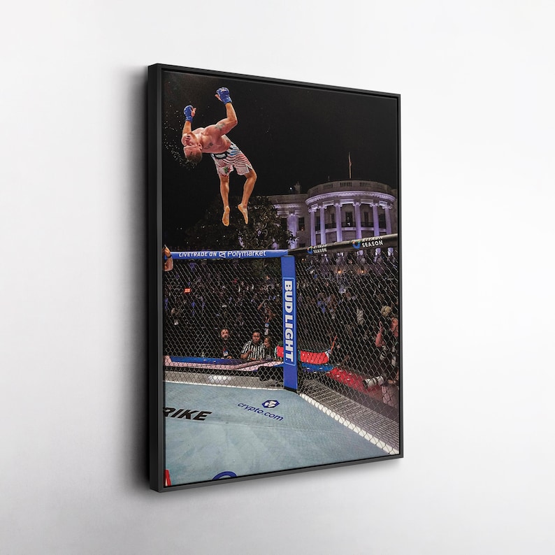 May include: A framed wall art print depicting a mixed martial arts fighter performing a backflip inside a chain-link octagon cage. The background features the White House at night, with blue corner padding labeled Bud Light and Crypto.com branding.