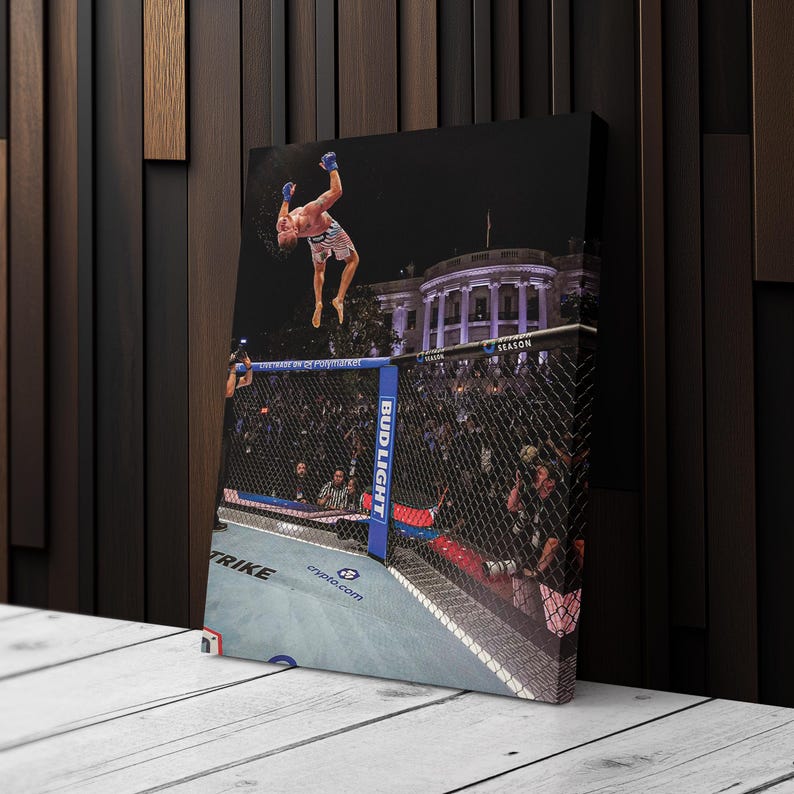 May include: A rectangular canvas print featuring a mixed martial arts fighter performing a backflip inside a chain-link octagon cage. The White House is visible in the background at night. The cage features blue padding with the text Bud Light.