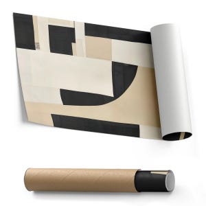 May include: A rolled-up canvas print featuring an abstract geometric pattern of black, cream, and beige rectangular and curved shapes. The print is partially unrolled to reveal the design, and a matching cardboard shipping tube is positioned below.
