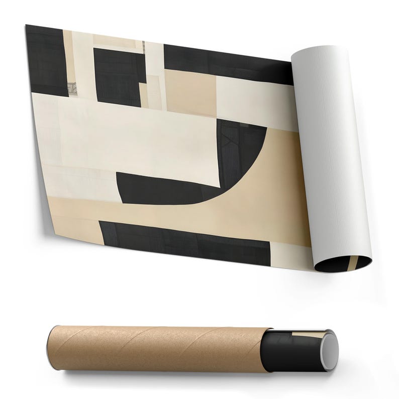 May include: A rolled-up canvas print featuring an abstract geometric pattern of black, cream, and beige rectangular and curved shapes. The print is partially unrolled to reveal the design, and a matching cardboard shipping tube is positioned below.