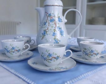 Vintage Kahla DDR Kaffeservis, Blått Blommor Porslin, 6 Koppar & Fat, Kaffekanna