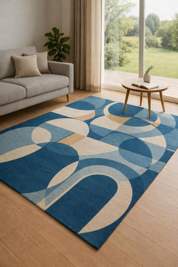 Blue Abstract Geometric Tufted Area Rug, Modern Beige Living Room Decor