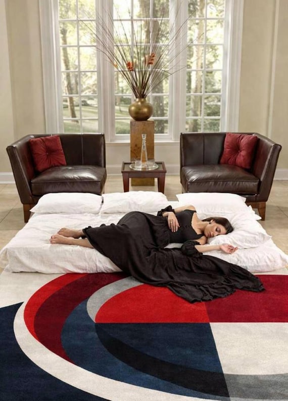 Red Black Abstract Tufted Area Rug, Modern Curved Geometric Carpet, Contemporary Living Room Decor