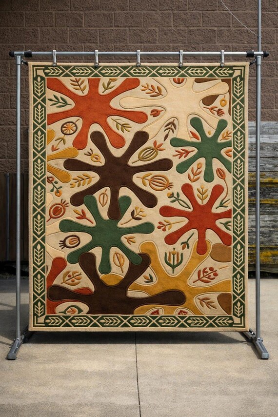 Hand-Tufted Wool Abstract Floral Rug, Earth Tone Mid-Century Bordered Carpet