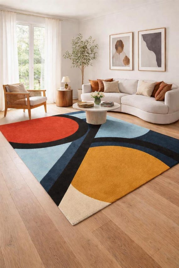 Mid-Century Modern Geometric Area Rug, Abstract Circles, Terracotta Ochre Sky Blue Living Room Decor