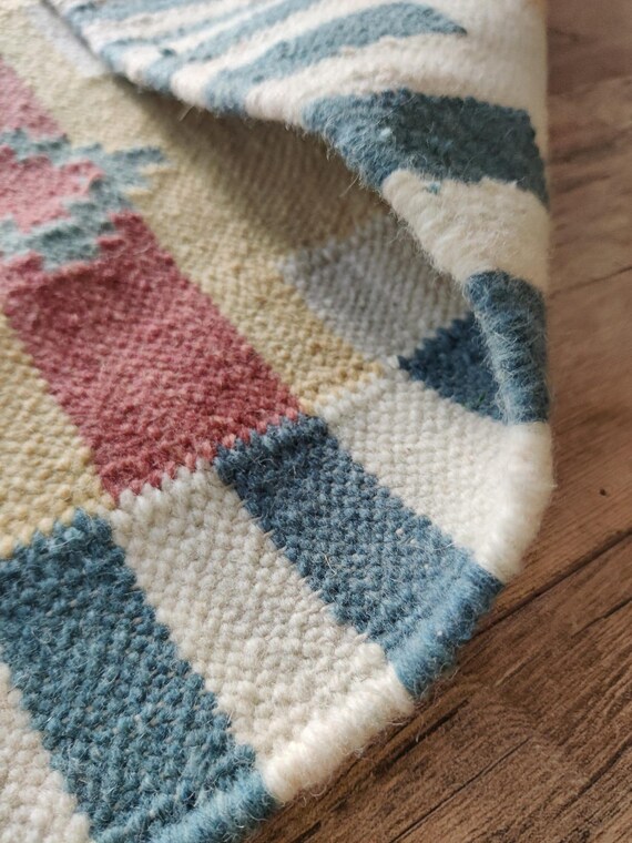 Handwoven Wool Kilim Rug: Swedish Geometric Flatweave, Pastel Colors.