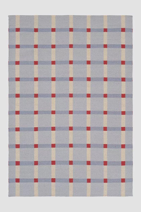 Handwoven Wool Checkered Area Rug | Blue Beige Red Grid Pattern Carpet