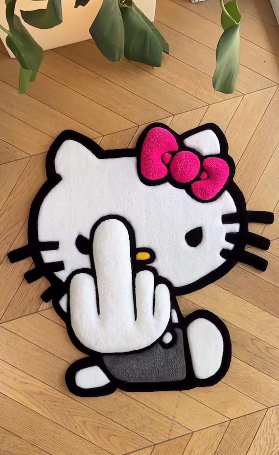 Hand-Tufted Middle Finger Kitty Rug, Edgy Bedroom Decor (Soft Acrylic Yarn)