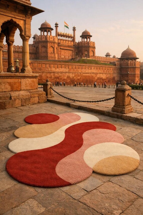 Hand-Tufted Wool Wavy Rug, Terracotta Pink Ochre, Organic Shape Area Rug