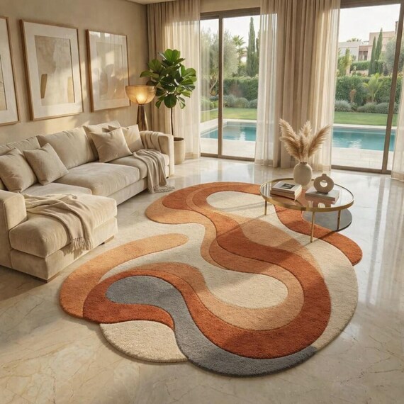 Hand Tufted Terracotta Rust Orange Wool Rug, Slate Grey Cream Irregular Shaped Area Rug