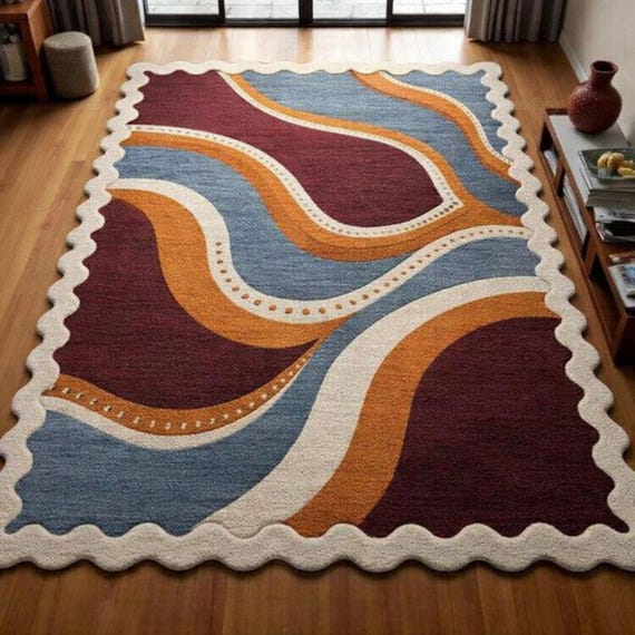 Hand-Tufted Wool Area Rug, 70s Scalloped Edge, Burgundy Blue Mustard Abstract Waves