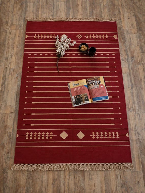 Handwoven Red Kilim Wool Rug, Geometric Tribal Boho Area Carpet