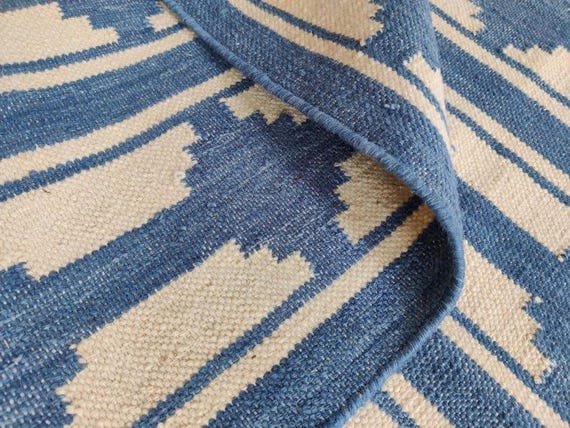 Handwoven Wool Rug, Geometric Flatweave Design in Indigo for Modern Decor