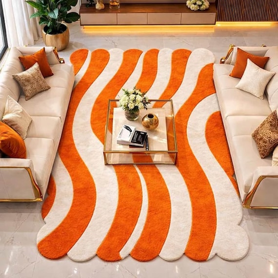 Handmade Orange & White Shaggy Rug | Modern Wavy Pattern | Cozy Bedroom Accent