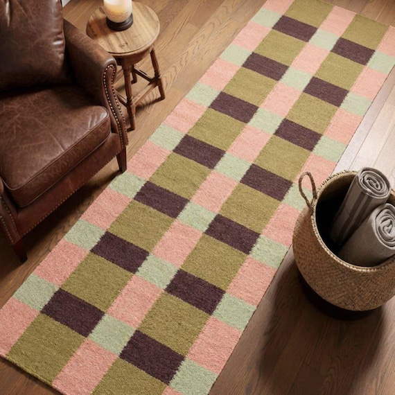 Handwoven Kilim Runner Rug, Pink Olive Green, Scandinavian Boho Wool Area Rug.