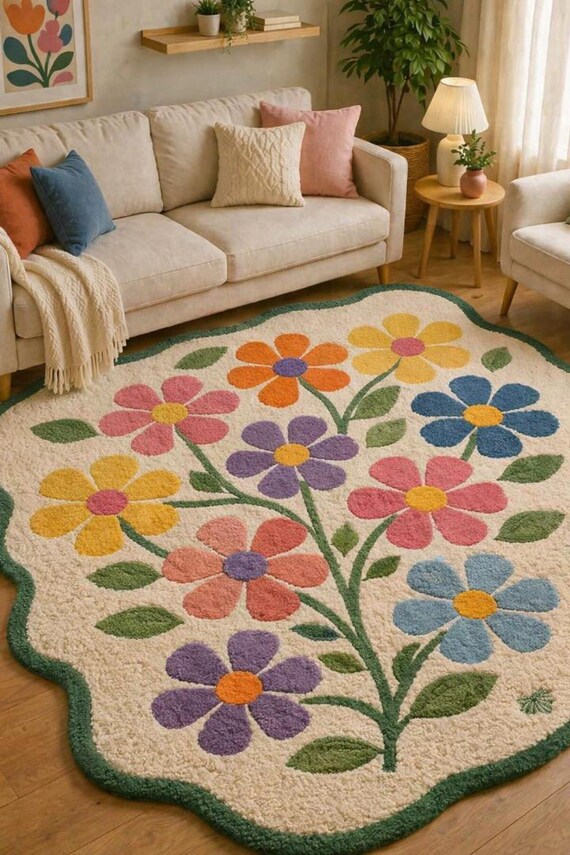Colorful Floral Tufted Rug, Boho Cottagecore Area Carpet.