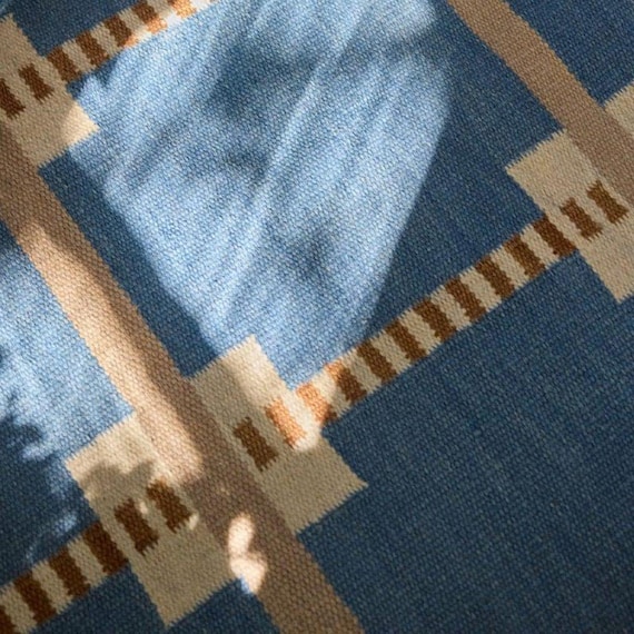 Handwoven Wool Kilim Rug, Blue Beige Geometric Grid, 8x10 ft