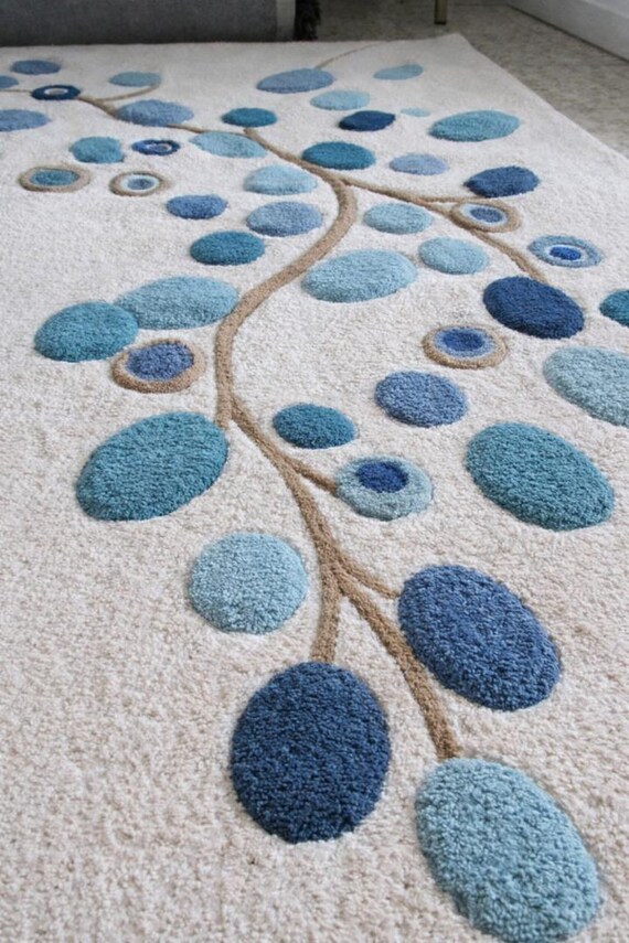 Hand-Tufted 3D Pebble Leaf Wool Rug, Blue Beige Botanical Area Carpet