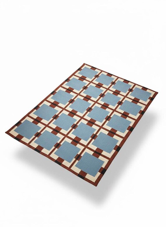 Hand Tufted Geometric Area Rug, Blue Rust Ivory Grid Pattern, Modern Living Room Decor