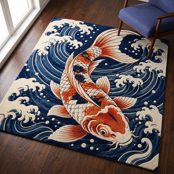 Luxury Koi Fish Rug – Japanese Wave Art Outdoor & Indoor Decor 8x10.