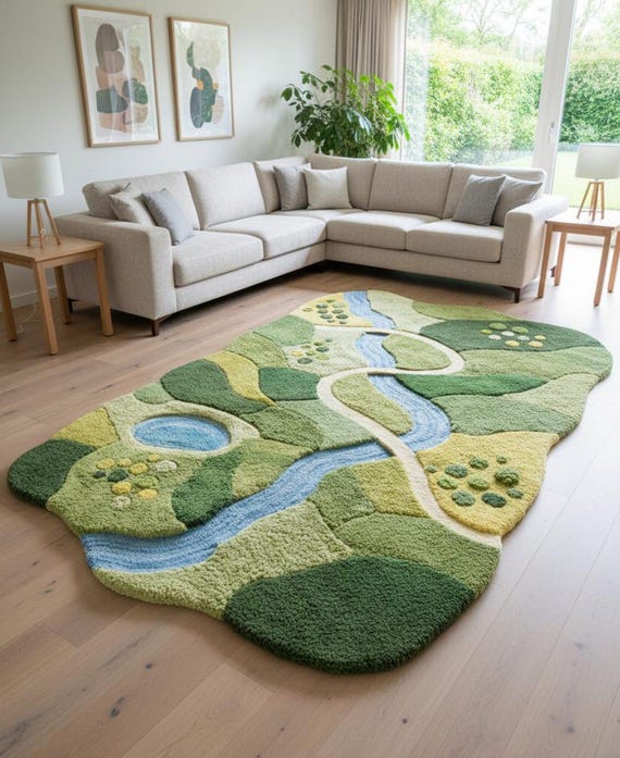 3D Tufted Moss Landscape Area Rug with River Path | Hand-Tufted Green Organic Curved Carpet
