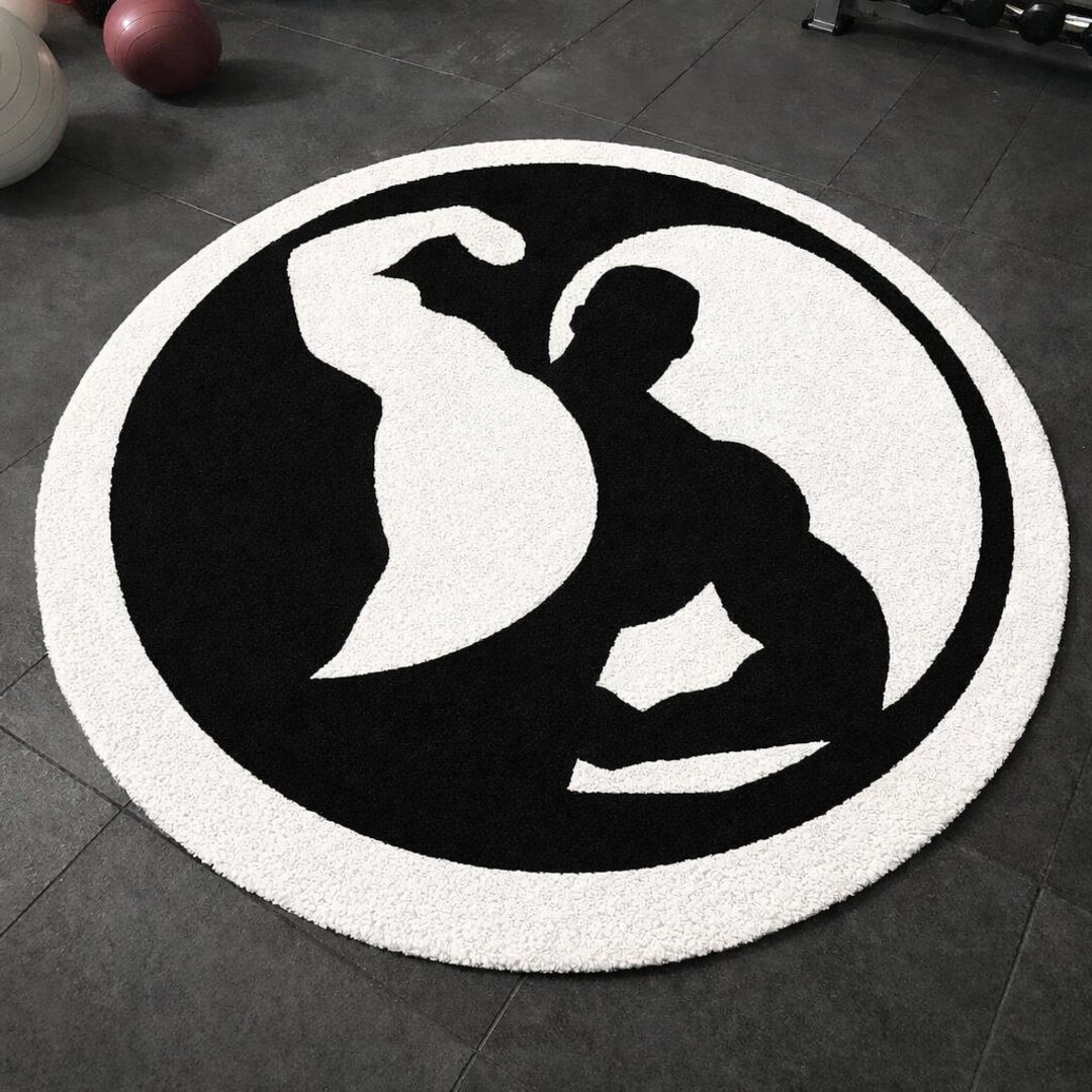 Handmade Circular Gym Rug – Black & White Bodybuilder Design by Dr ...