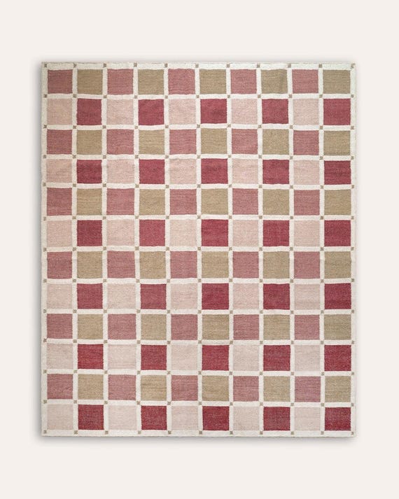 Handwoven Wool Kilim Rug – Geometric Checkered Area Carpet, Modern Scandinavian Home Decor