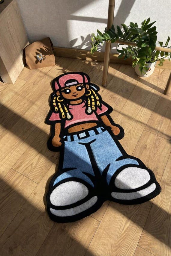 Handmade Cartoon Girl Tufted Rug, Streetwear Hip Hop Room Decor, Custom Shape Floor Mat