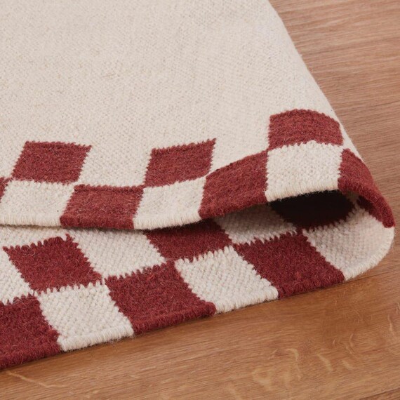 Handwoven Modern Cream Kilim Rug with Red Checkerboard Border