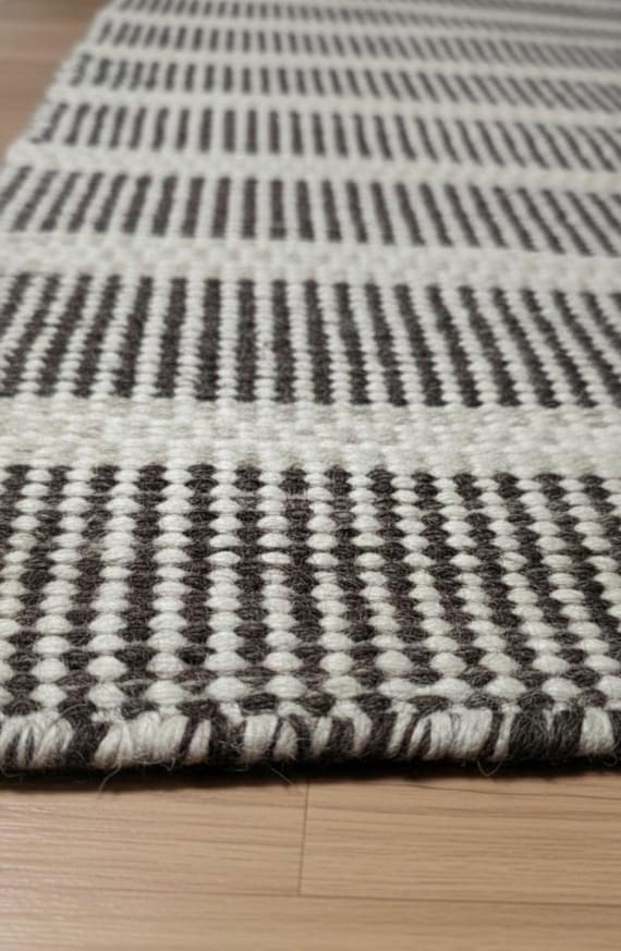 Handwoven flatweave wool rug | black beige stripe rug | Scandinavian boho design | custom size.