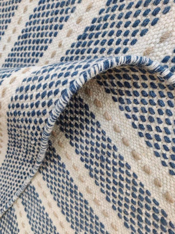 Handwoven Swedish Kilim Rug, Blue Cream Geometric Flatweave Area Rug (Scandinavian Style)
