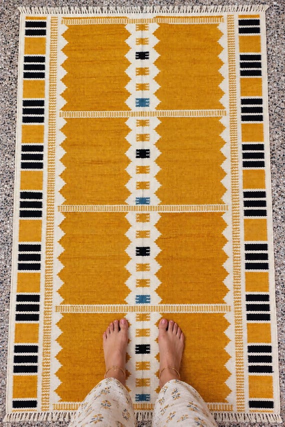 Handwoven Mustard Gold Geometric Kilim Rug, Boho Tribal Flatweave Runner