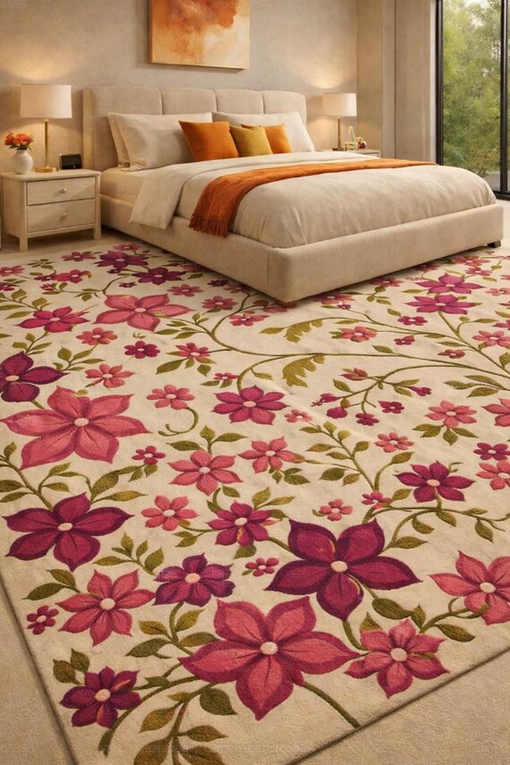 Hand-Tufted Wool Floral Rug, Pink Magenta Blossoms, Cream Background