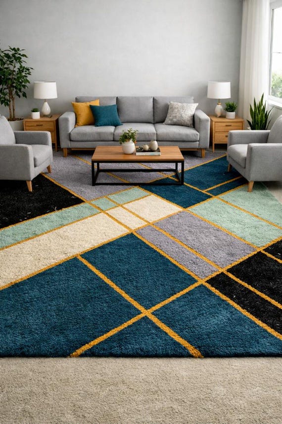 Hand-Tufted Wool Geometric Block Rug, Teal Blue Grey Modern Area Carpet