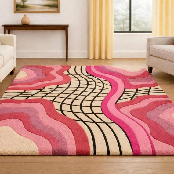 Hand-Tufted Wool Area Rug, Pink Waves, Optical Grid Pattern, Retro 70s Decor