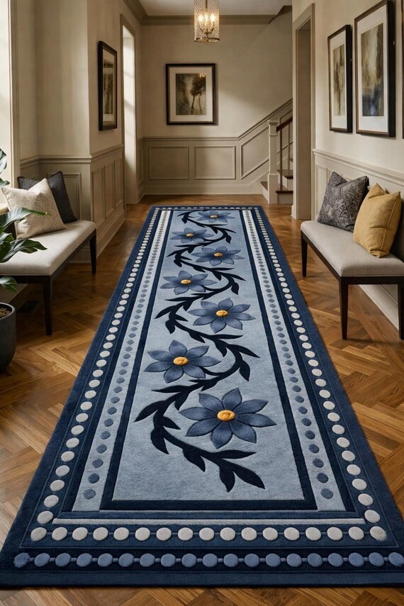 Hand-Tufted Blue Floral Wool Runner Rug, Classic Vine Corridor Carpet (Custom Length)