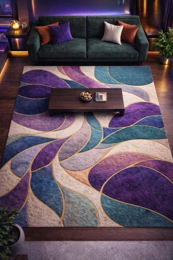 Luxury Abstract Swirl Rug – Purple, Blue & Gold Modern Decor