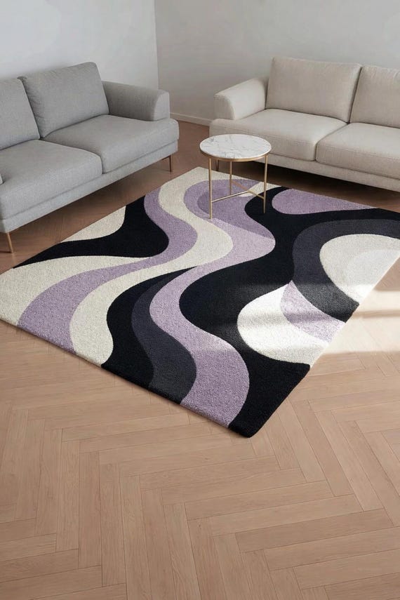 Modern Wavy Pattern Rug – Black, White, Grey & Lavender Luxury Carpet