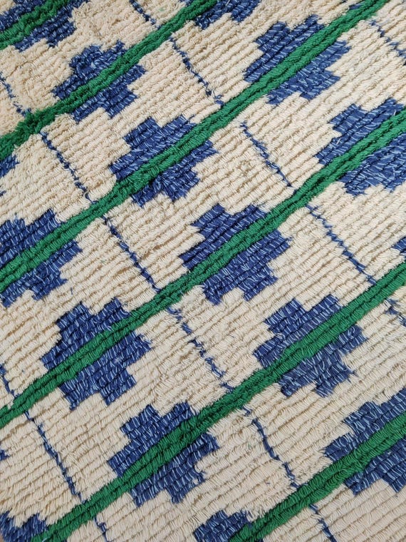 Hand Knotted Wool Kilim Rug, Blue Green Geometric Pattern, Custom Size Area Rug