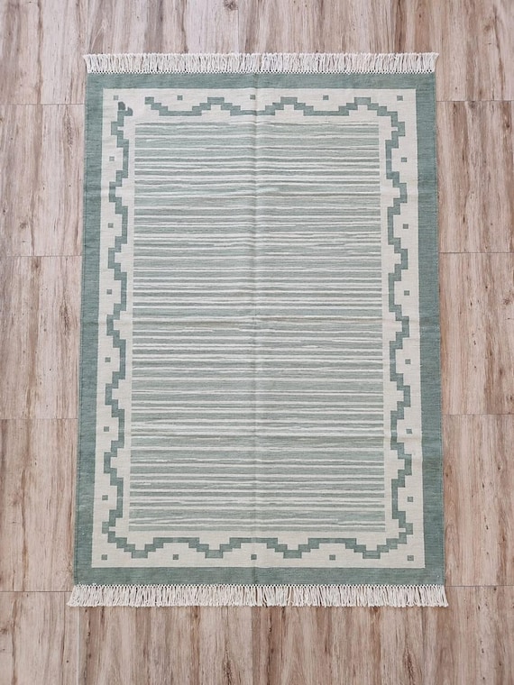 Vintage Style Kilim Rug – Cream & Sage Green Stripes with Tribal Border.