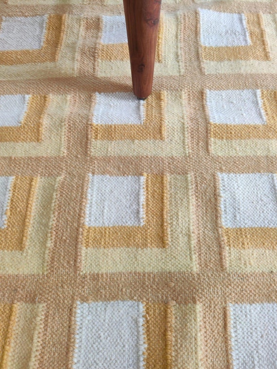 Wool Checkered Modern Geometric Flatweave Area Rug, Handwoven Reversible for Living Room, Bedroom, Decor