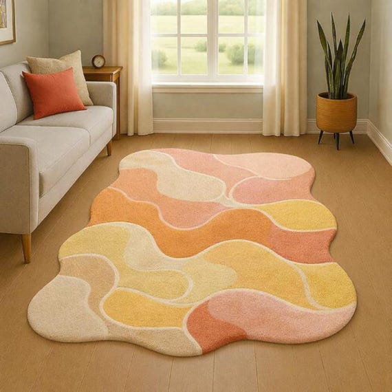 Hand-Tufted Pastel Wavy Wool Rug, Organic Sunset Shapes, Scandinavian Nursery Living Room Carpet