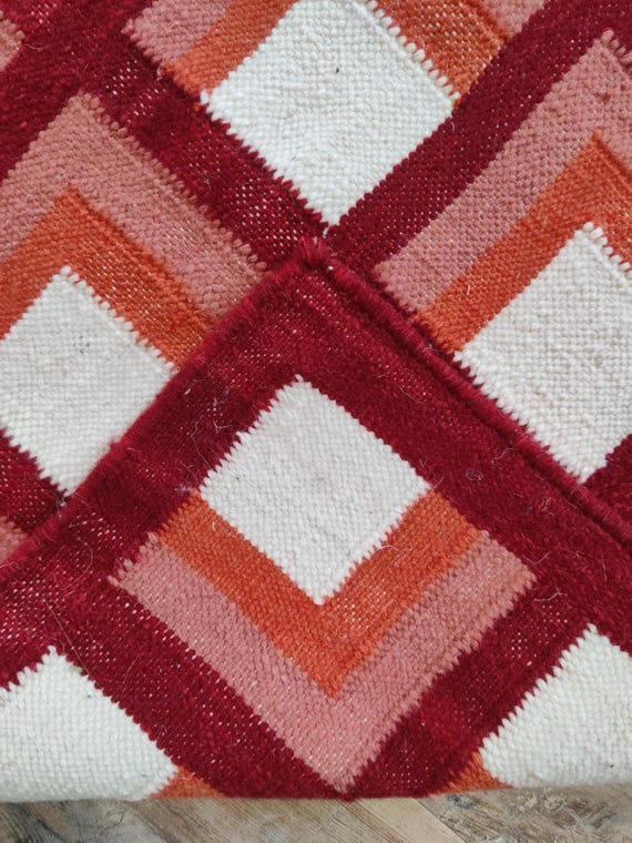Handwoven Geometric Wool Kilim Rug, Red Orange Bohemian Flatweave (Custom Size)