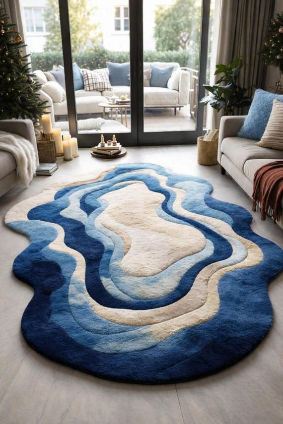 Hand-Tufted Wool Ocean Wave Rug, High-Low Textured Area Carpet (Blue, Cream)