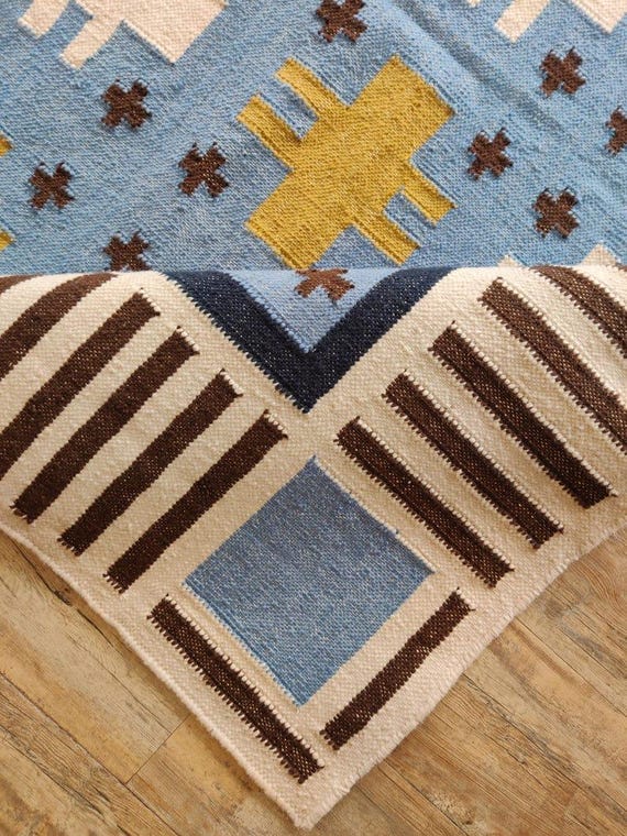 Handwoven Wool Geometric Kilim Rug, Scandinavian Boho Flatweave, Custom Sizes (Living Room)